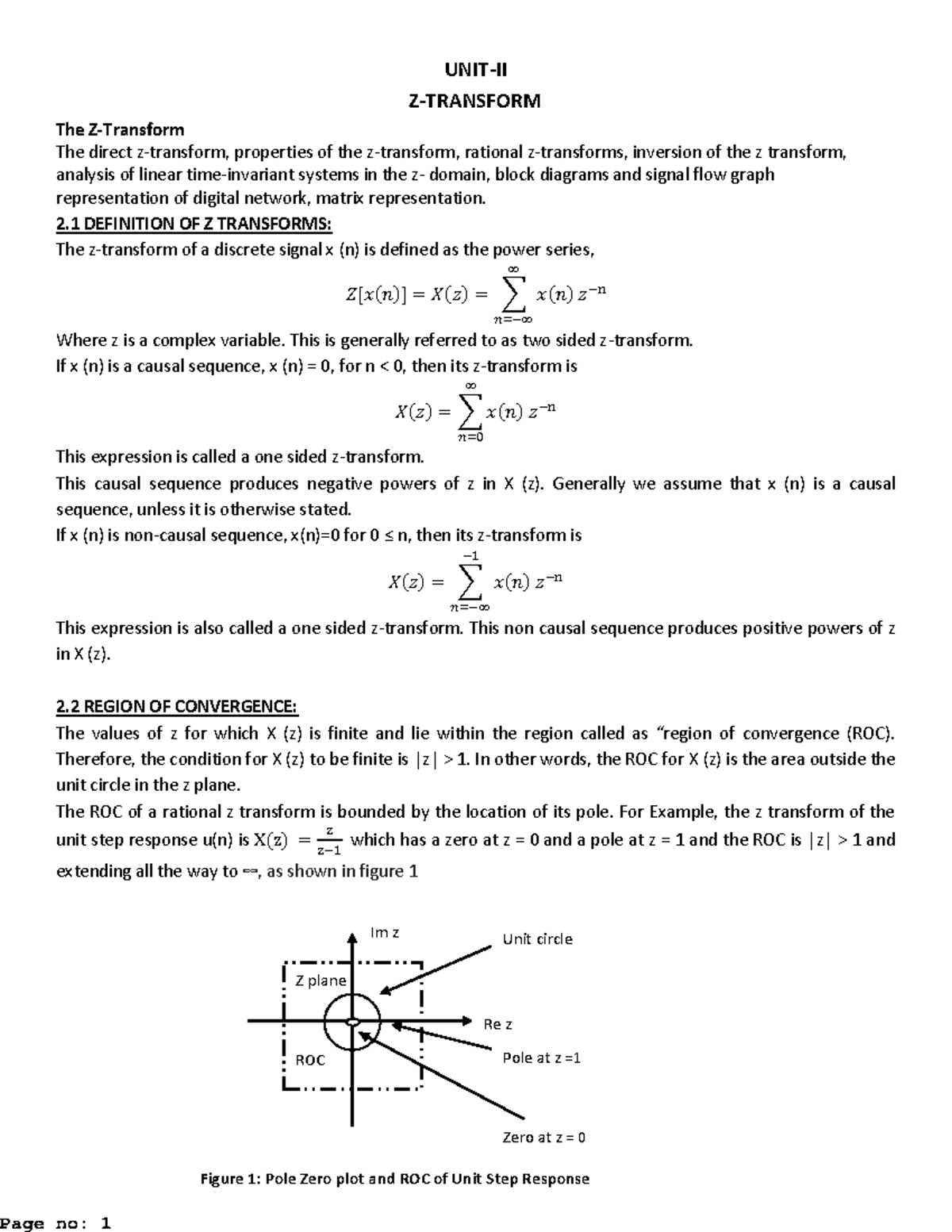 NotesdigitalsignalprocessingZ transform UNITII ZTRANSFORM The Z