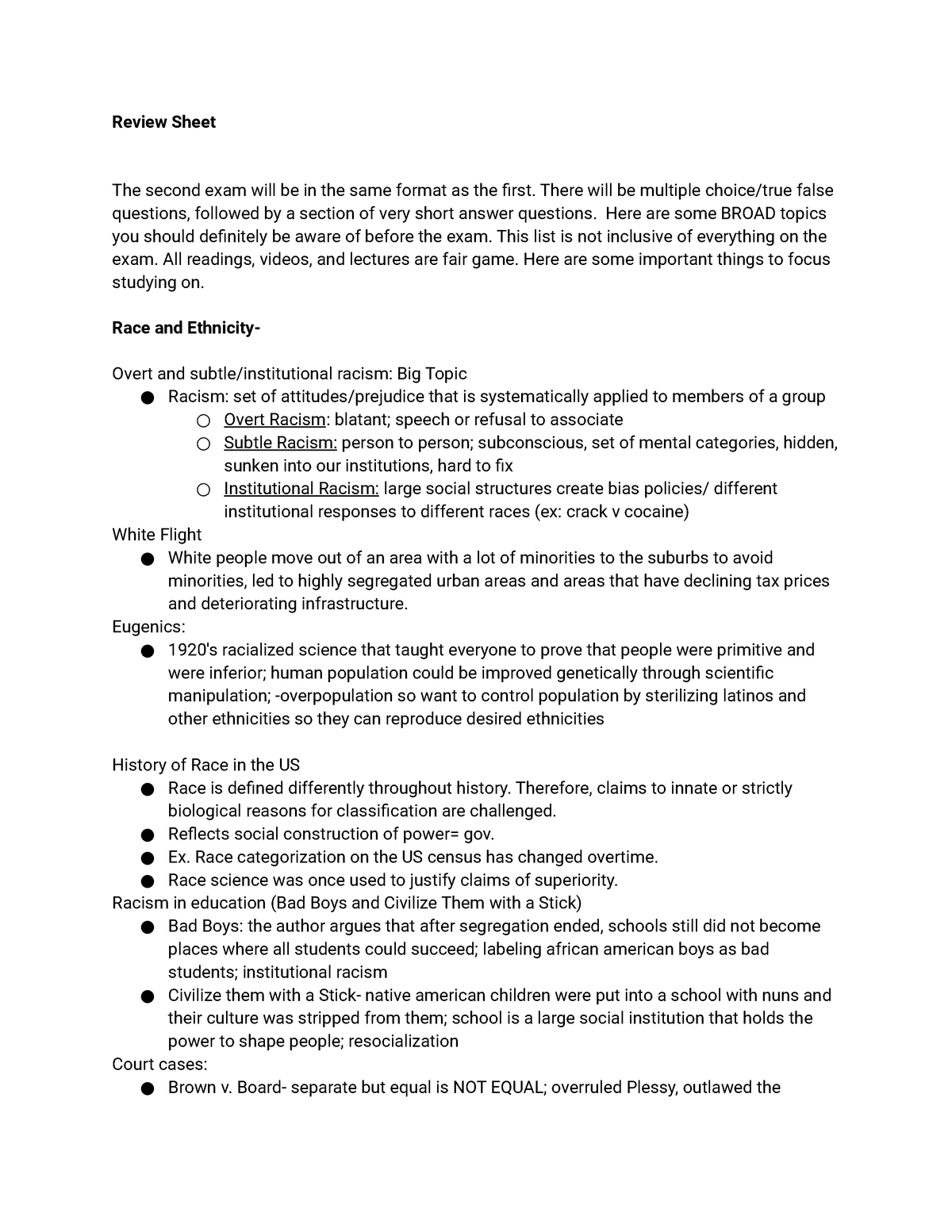 SOC 101 Final - Review Sheet The second exam will be in the same format ...