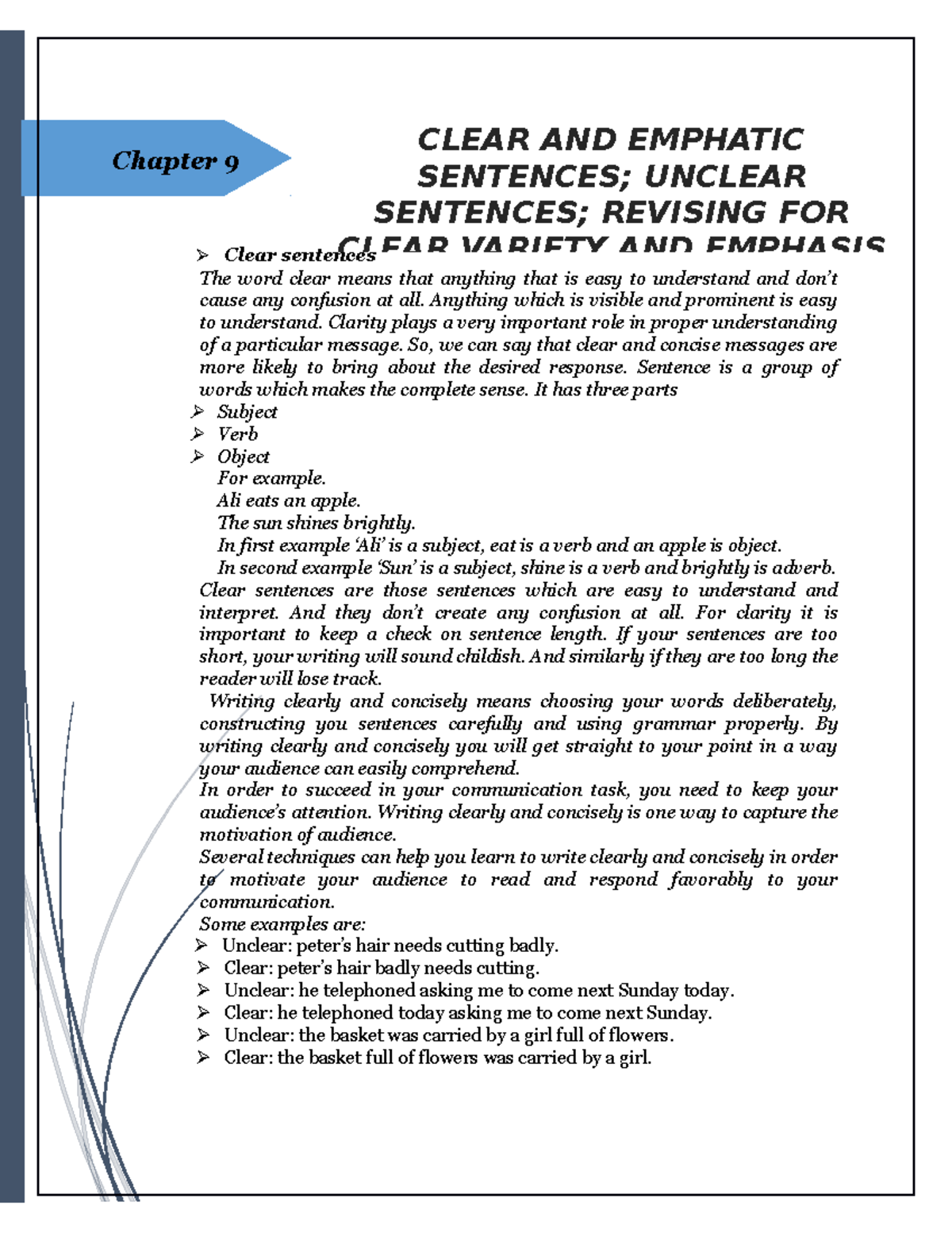 Clear unnclaer empathic sentence and draft Chapter 9 Clear sentences