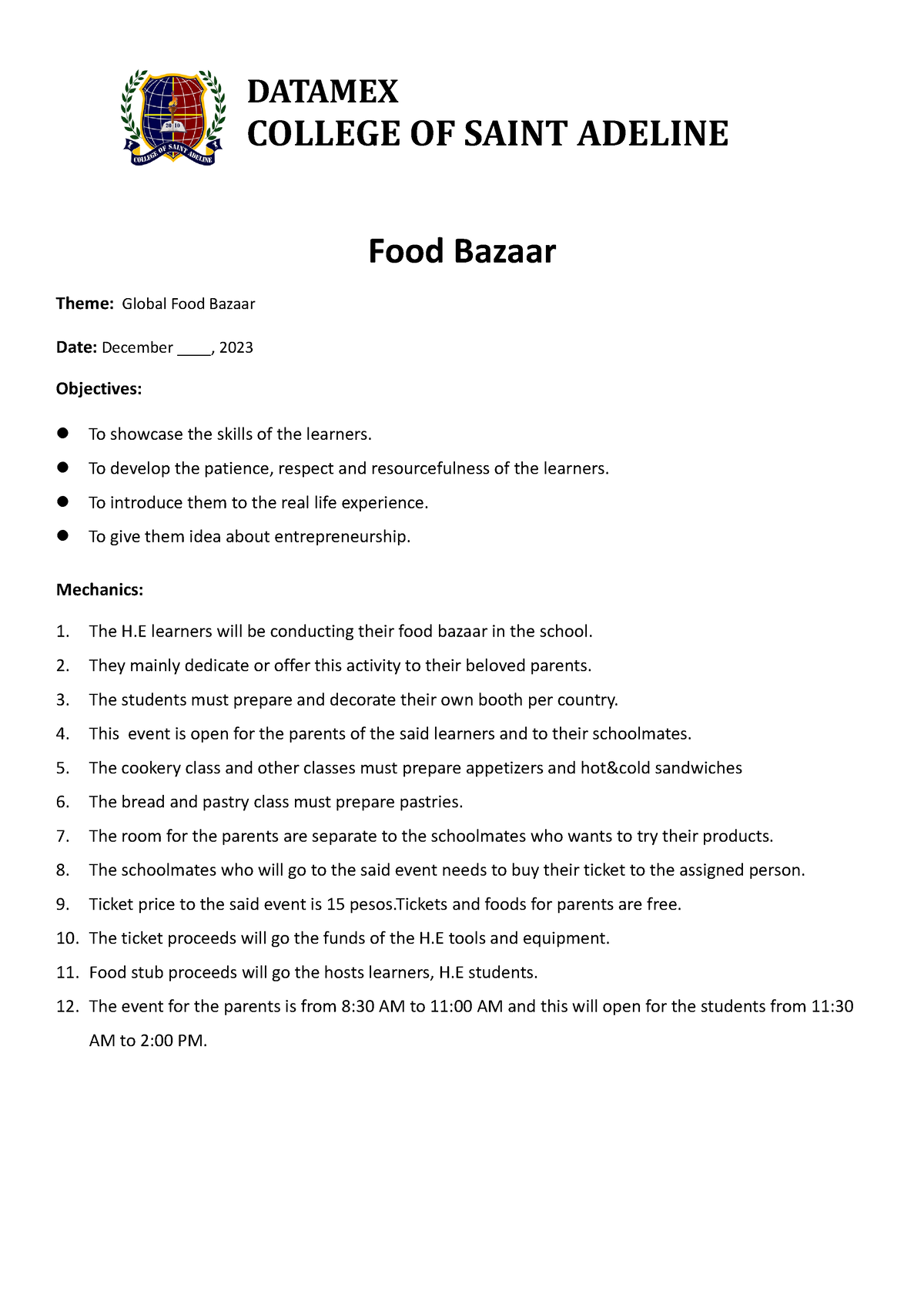 Food bazaar - Ala - Food Bazaar Theme: Global Food Bazaar Date ...