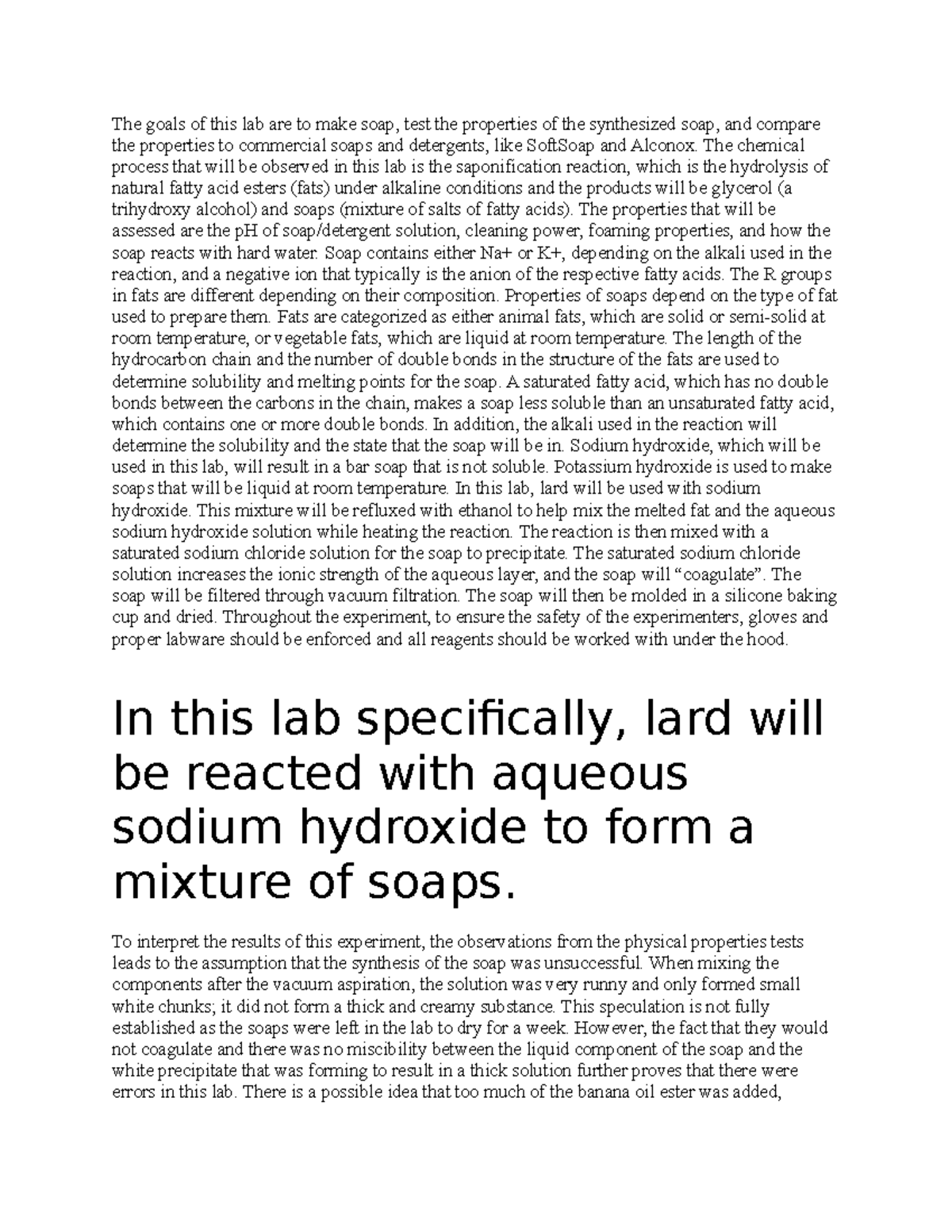Soap prelab The goals of this lab are to make soap, test the
