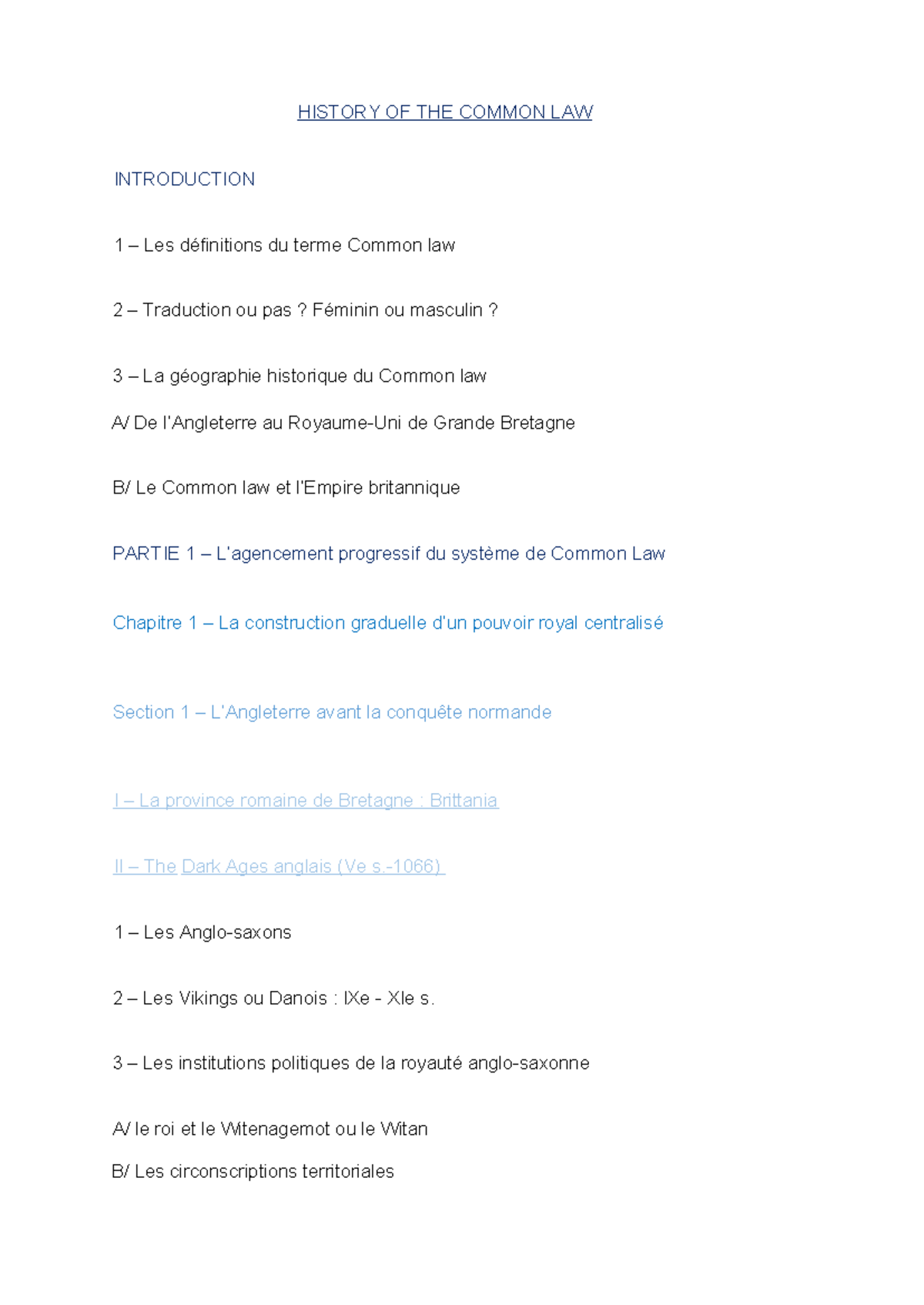 CL plan - HISTORY OF THE COMMON LAW INTRODUCTION 1 – Les définitions du ...