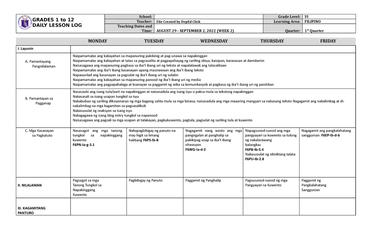 DLL Filipino 6 Q1 W2 - GRADES 1 To 12 DAILY LESSON LOG School: Grade ...