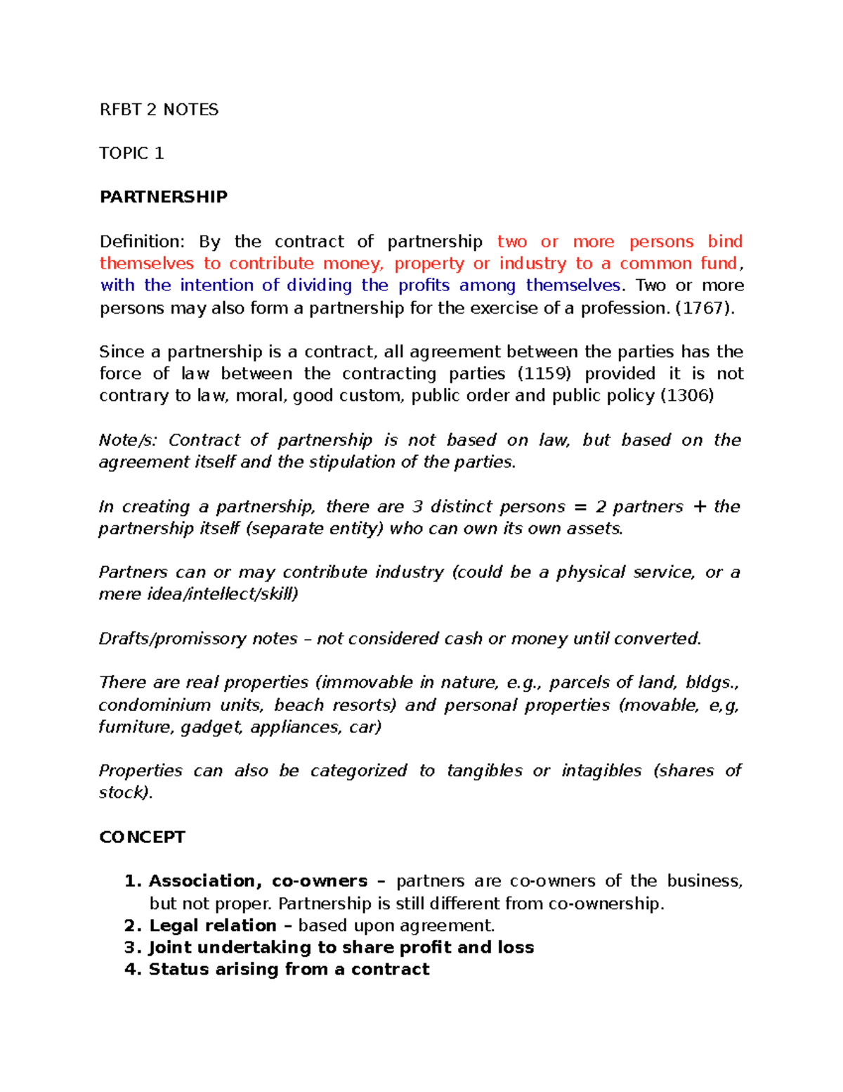 RFBT Law 2 Notes On Partnership (PARCO) - RFBT 2 NOTES TOPIC 1 ...