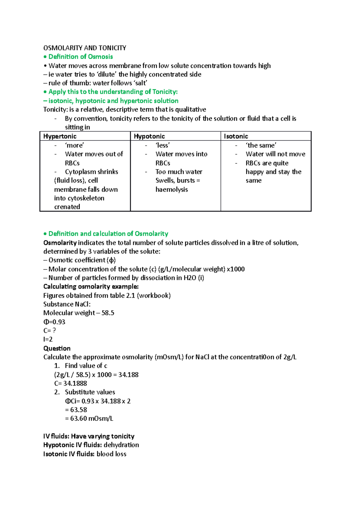Anatomy Physiology Notes ALL OSMOLARITY AND TONICITY Definition of