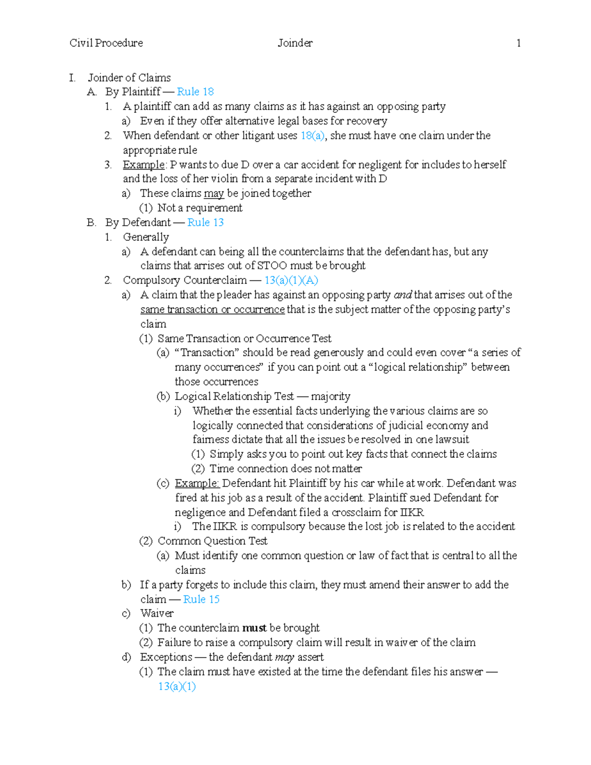 Joinder Outline - I. Joinder of Claims A. By Plaintiff — Rule 18 1. A ...