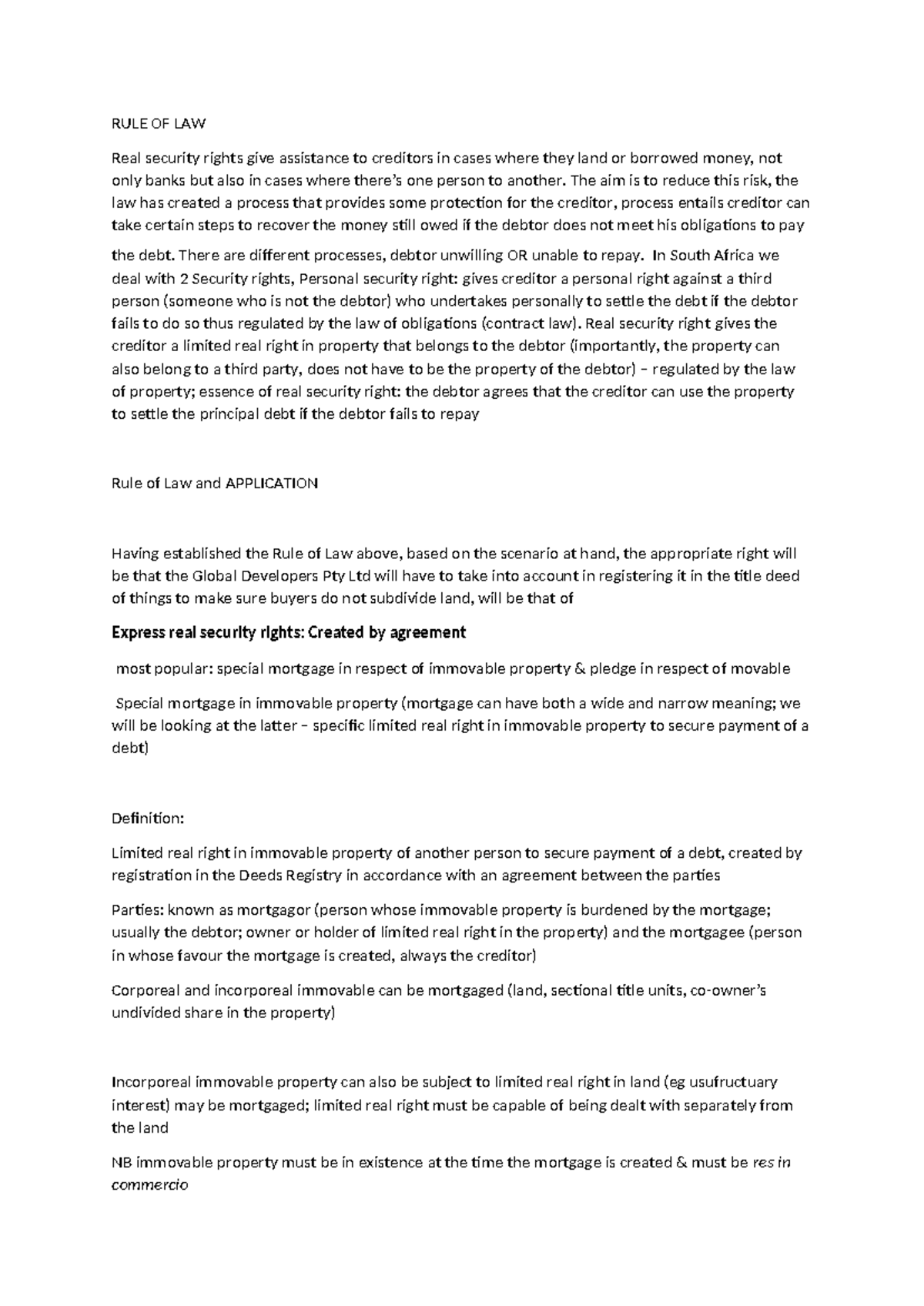 Tut 5 Law of things - RULE OF LAW Real security rights give assistance ...