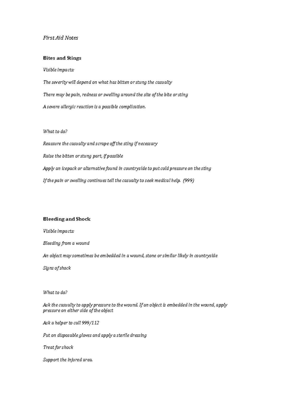 First Aid Notes DOFE First Aid Notes Bites and Stings Visible impacts