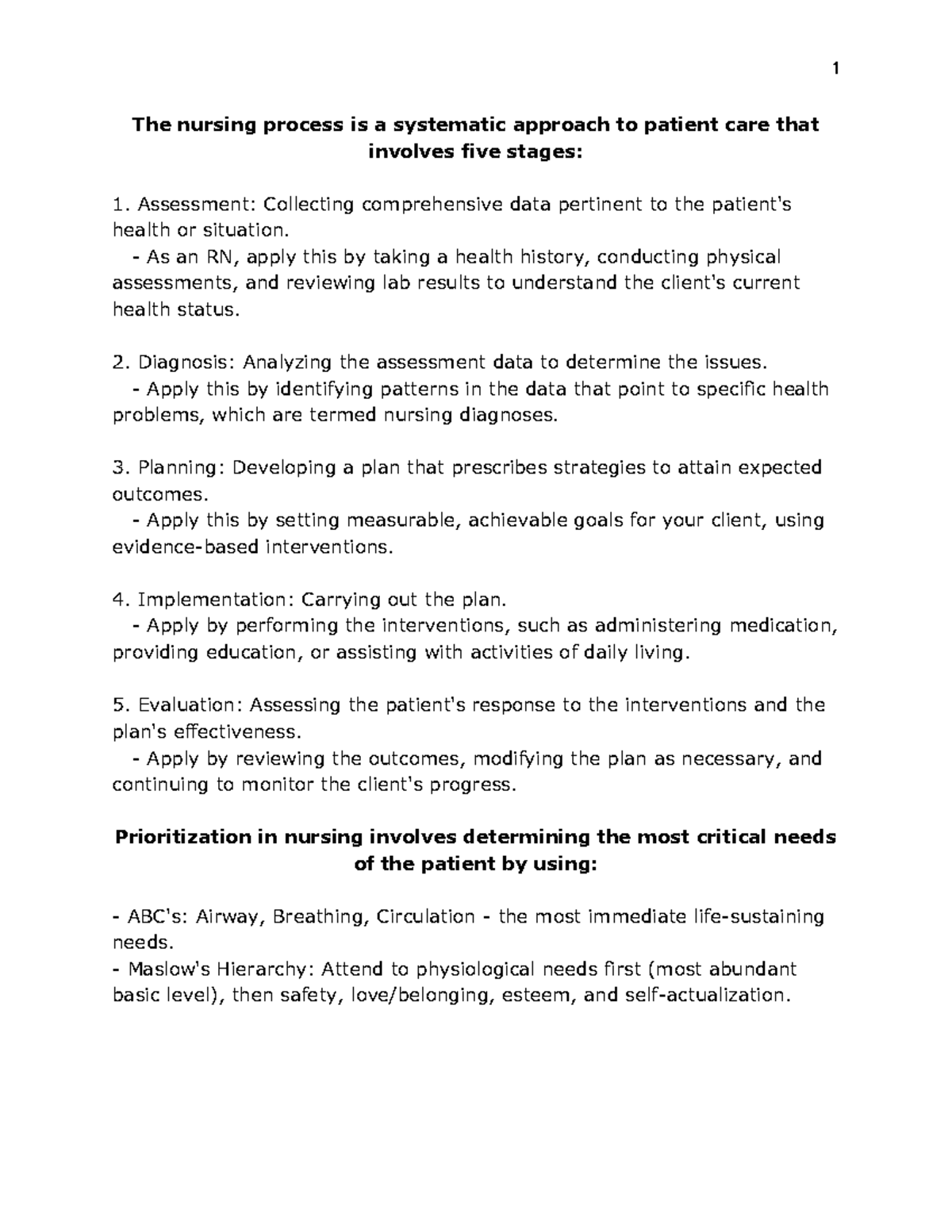 NUR 155 EXAM #1 Study Guide - The nursing process is a systematic ...
