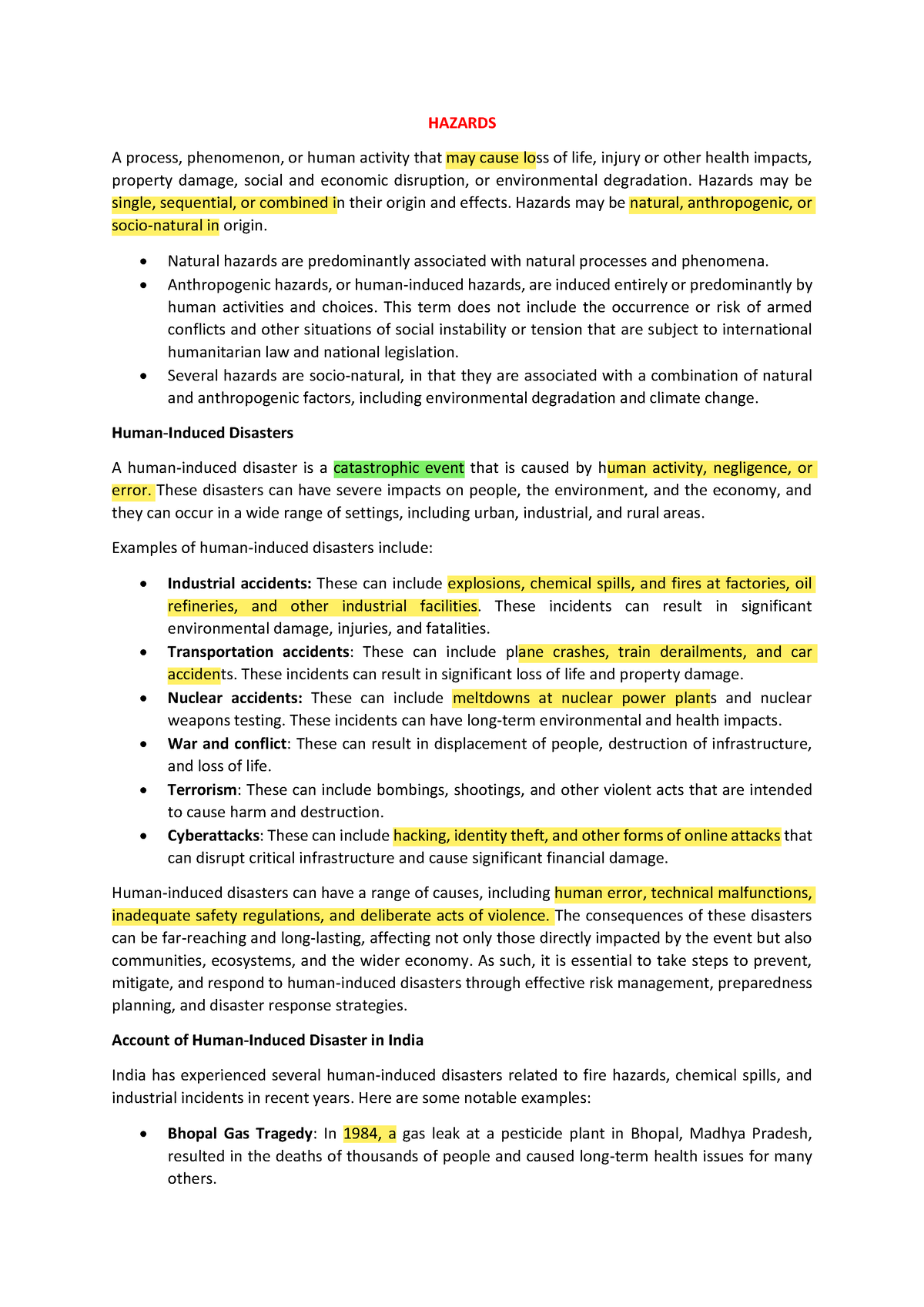 Human induced disasters - HAZARDS A process, phenomenon, or human ...