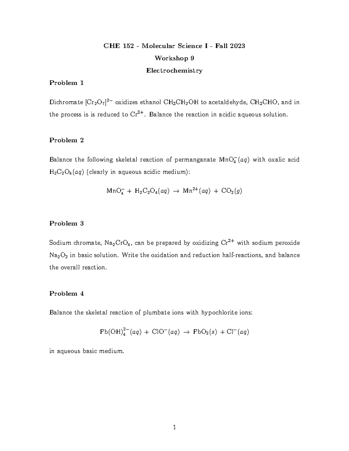 W9 - workshop 9 questions - CHE 152 - Molecular Science I - Fall 2023 ...