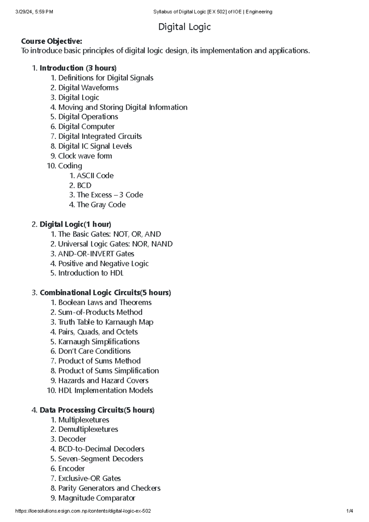 Syllabus of Digital Logic [EX 502] of IOE Engineering Digital Logic
