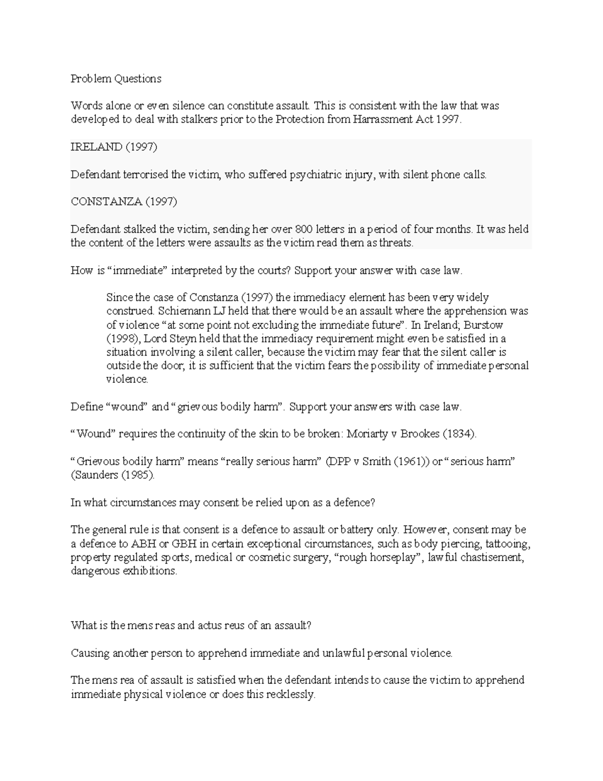 Problem Questions Criminal Law and Basic Questions - Problem Questions ...