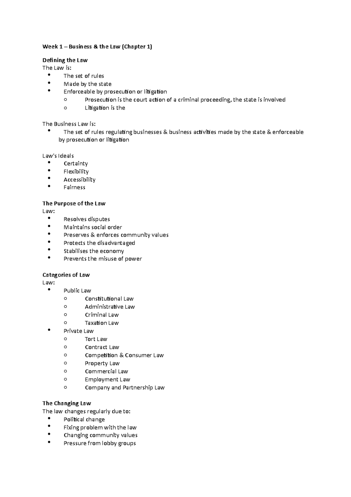 LAW Notes - Summary Commercial Law - Week 1 Business the Law (Chapter 1 ...