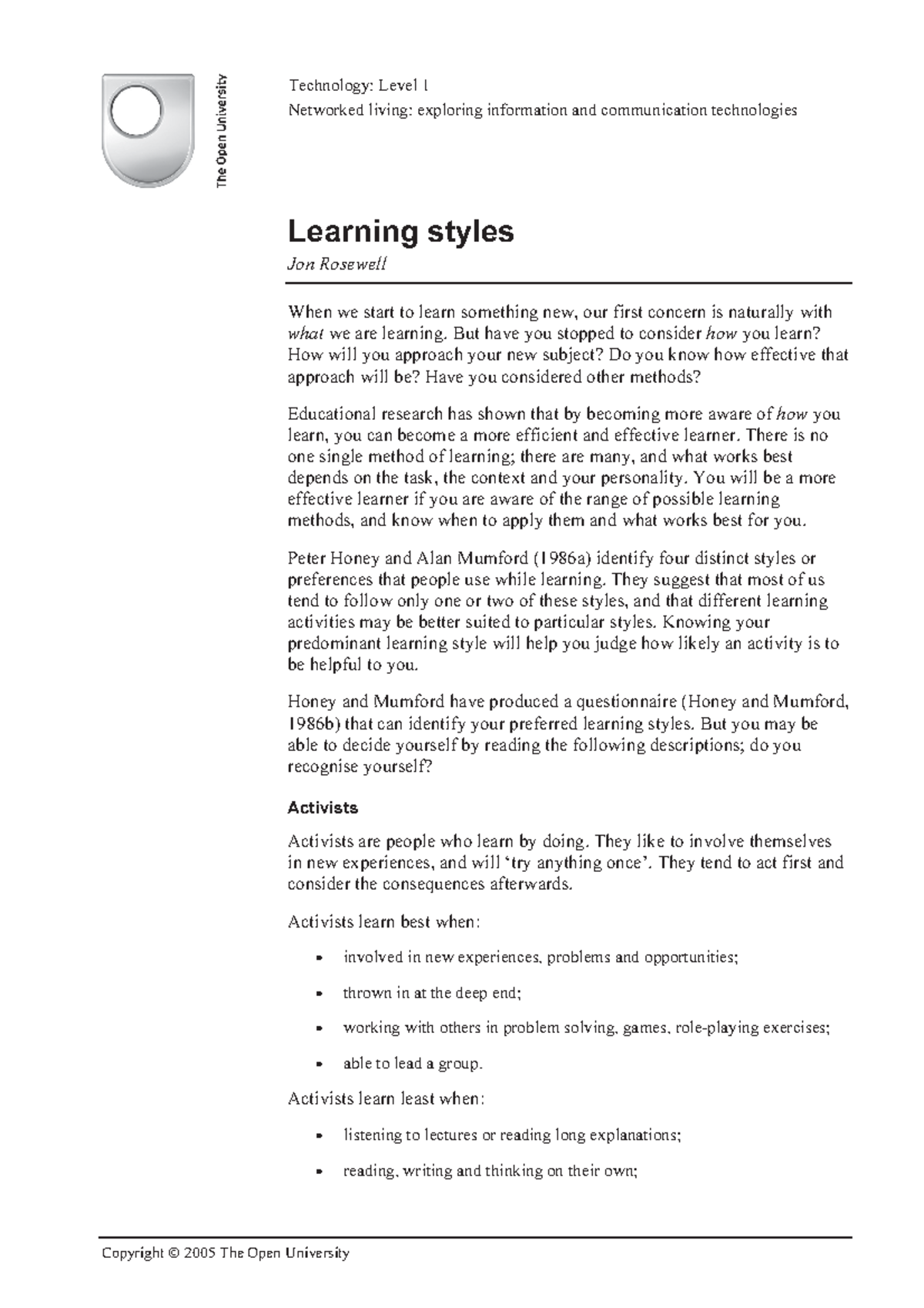 Learning styles - Lecture notes 1 - Copyright 2005 The Open University ...