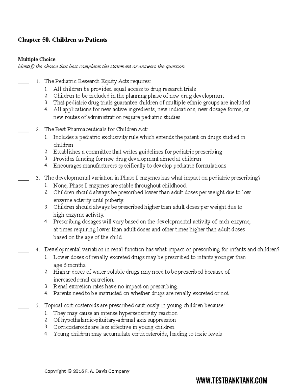 CH50 Test Bank Tank - Test Bank - Chapter 50. Children as Patients ...