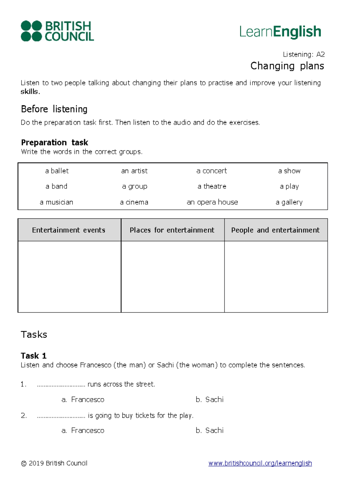 Learn English Listening A2 Changing Plans © 2019 British Council