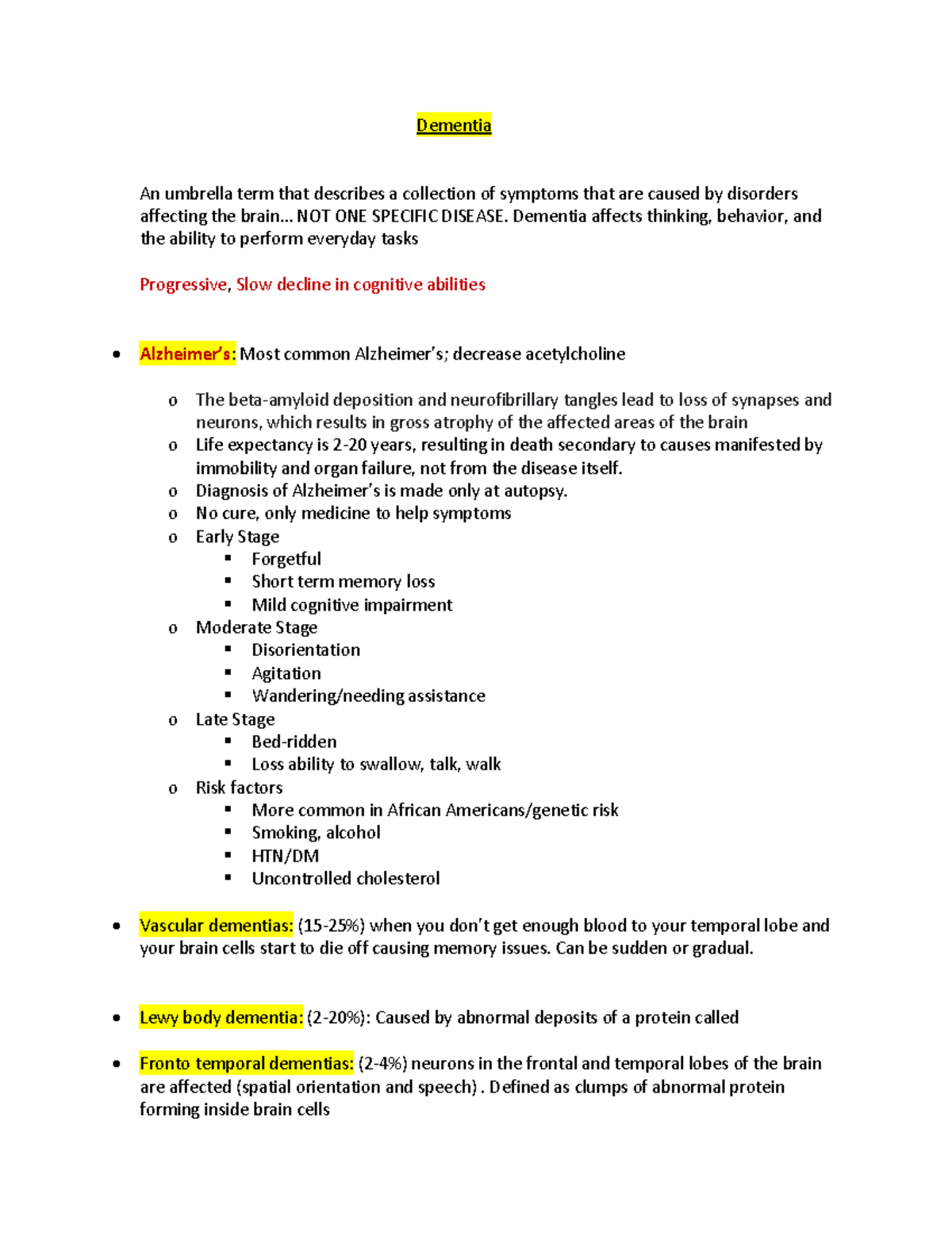 Dementia - Lecture notes - Dementia An umbrella term that describes a ...