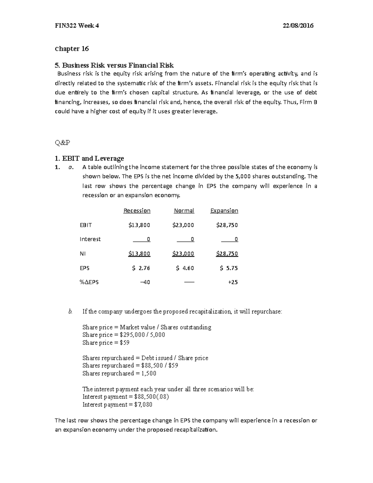 FIN322 Lecture 4 Tutorial Solutions - Chapter 16 5. Business Risk ...