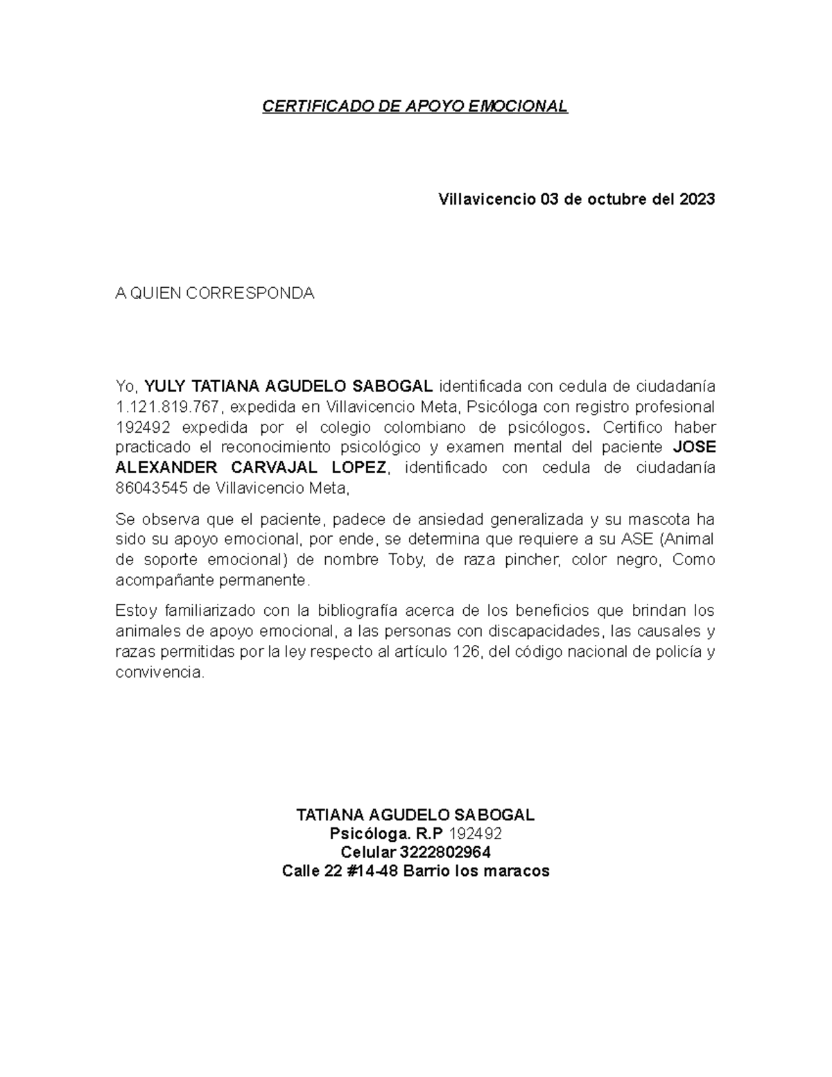 Certificado De Apoyo Emocional Certificado De Apoyo Emocional Villavicencio De Octubre Del