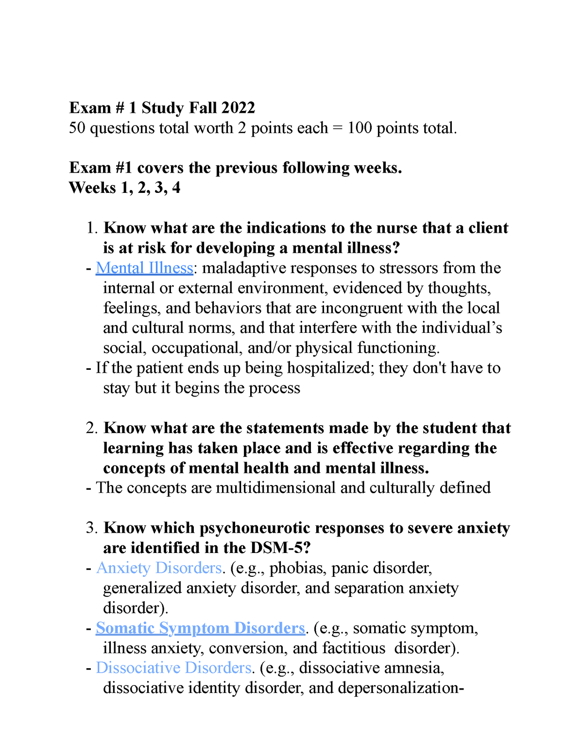 Mental Health Study Guide Exam # 1 - Exam # 1 Study Fall 2022 50 ...