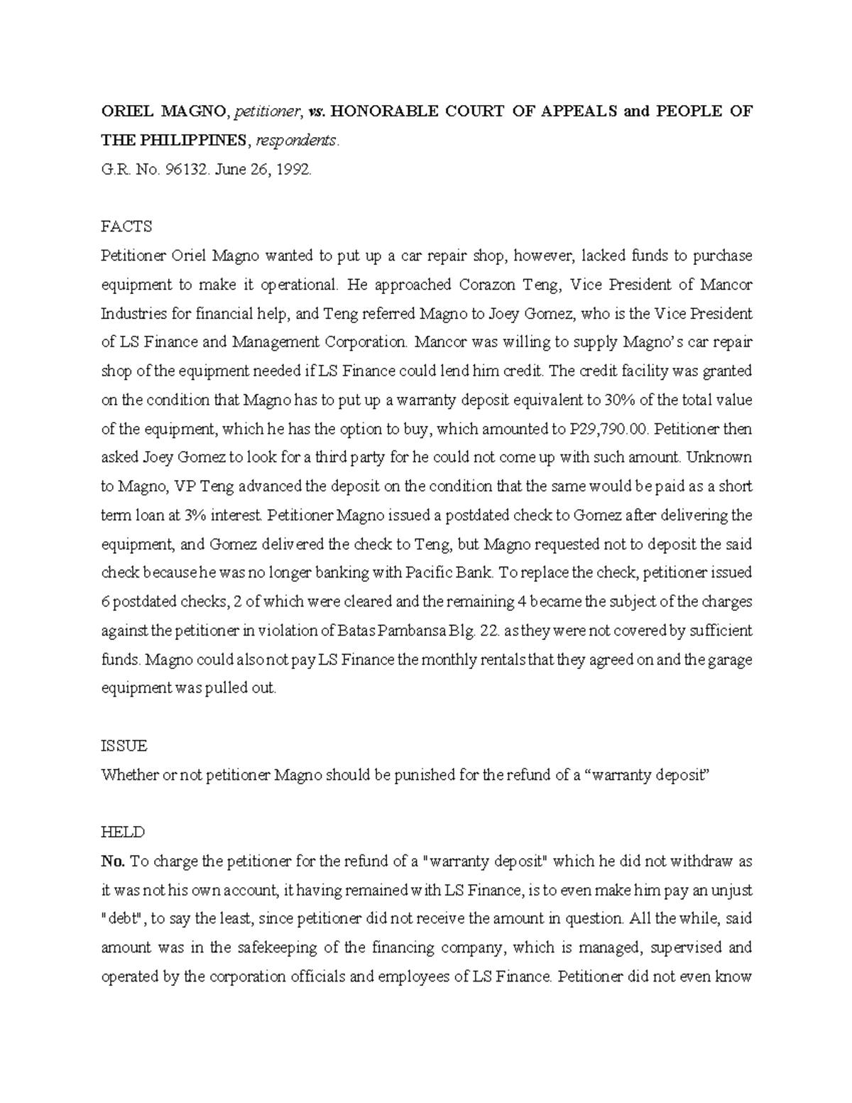 Gr 96132 case digest oriel magno petitioner vs honorable court