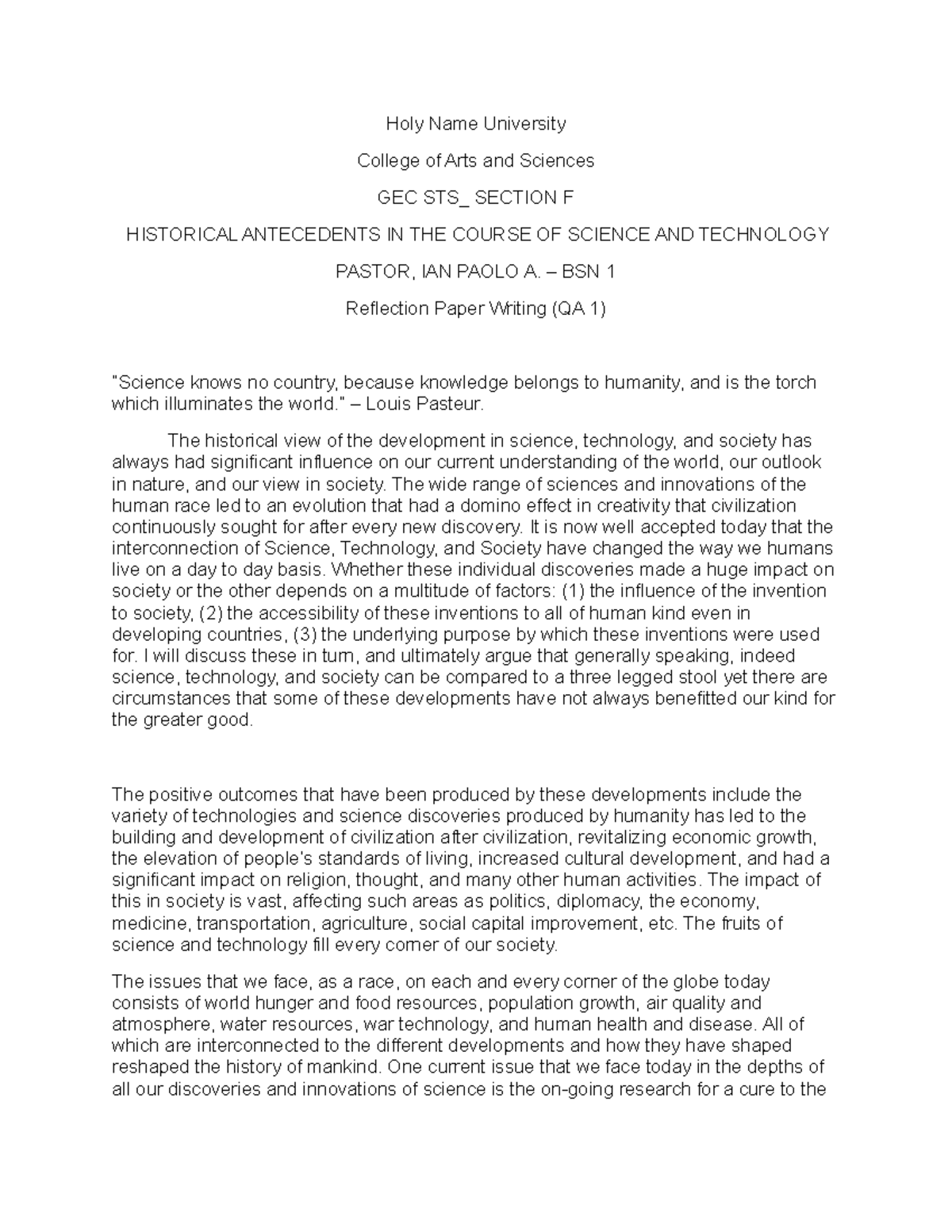 Reflection Paper Gec sts - Holy Name University College of Arts and ...