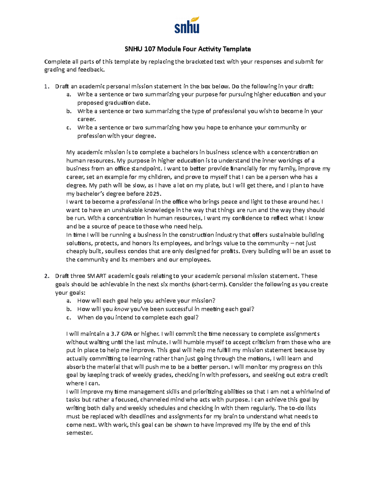 SNHU 107 Module Four Activity - Draft an academic personal mission ...