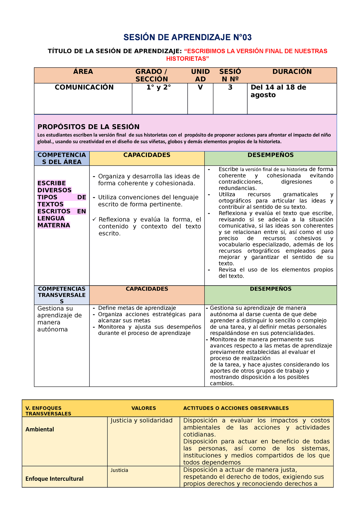 Unidad 5-S3- Revisamos La Historieta - SESIÓN DE APRENDIZAJE N° TÍTULO ...