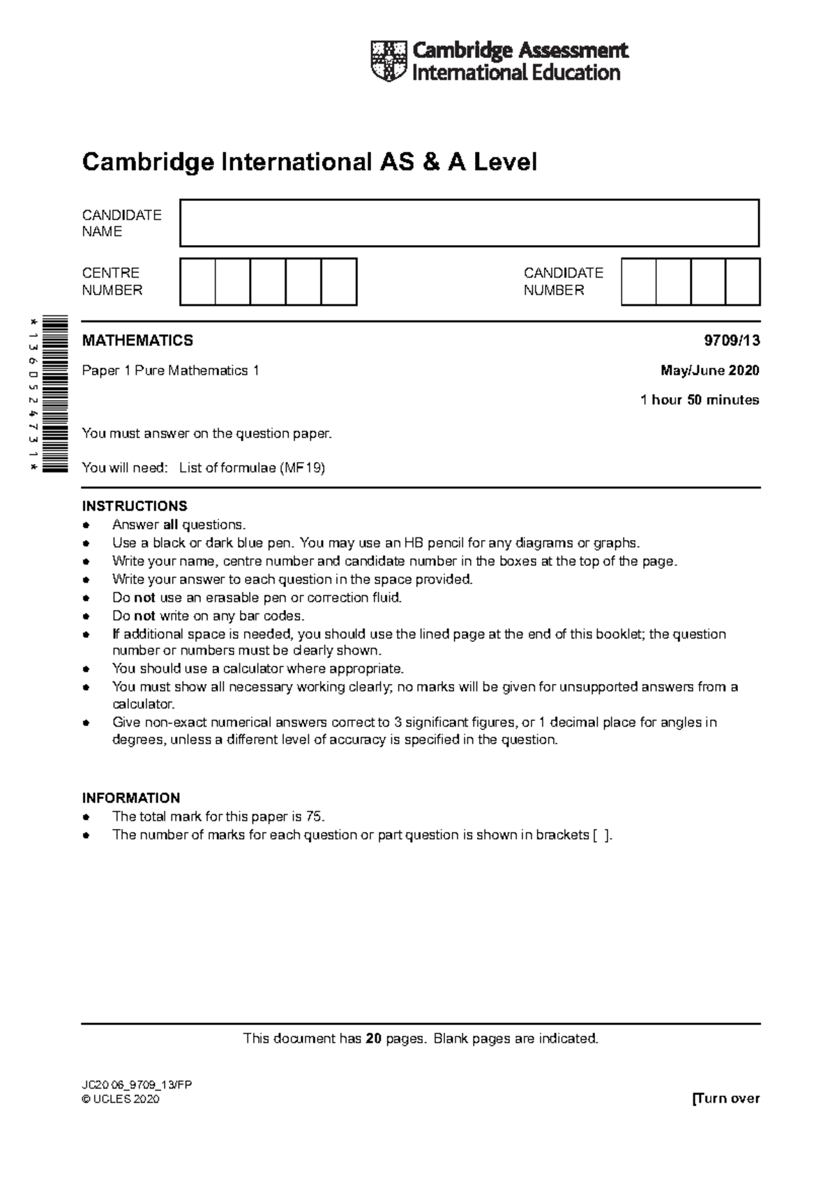 9709 S20 Qp 13 - Pastpaper - 1360524731 Cambridge International AS & A ...