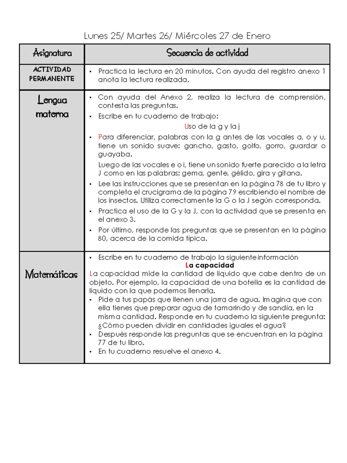 Actividades semana del 25 al 29 de Enero - Lunes 25 / Martes 26 ...