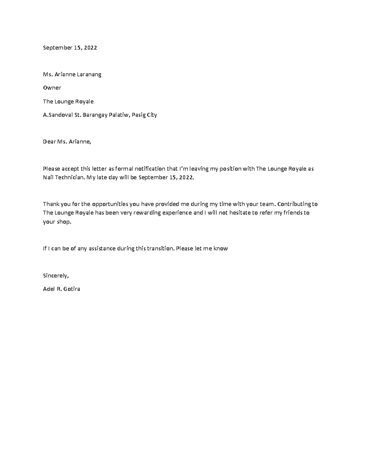 Adel R. Gotira-Resignation Letter - September 15, 2022 Ms. Arianne ...