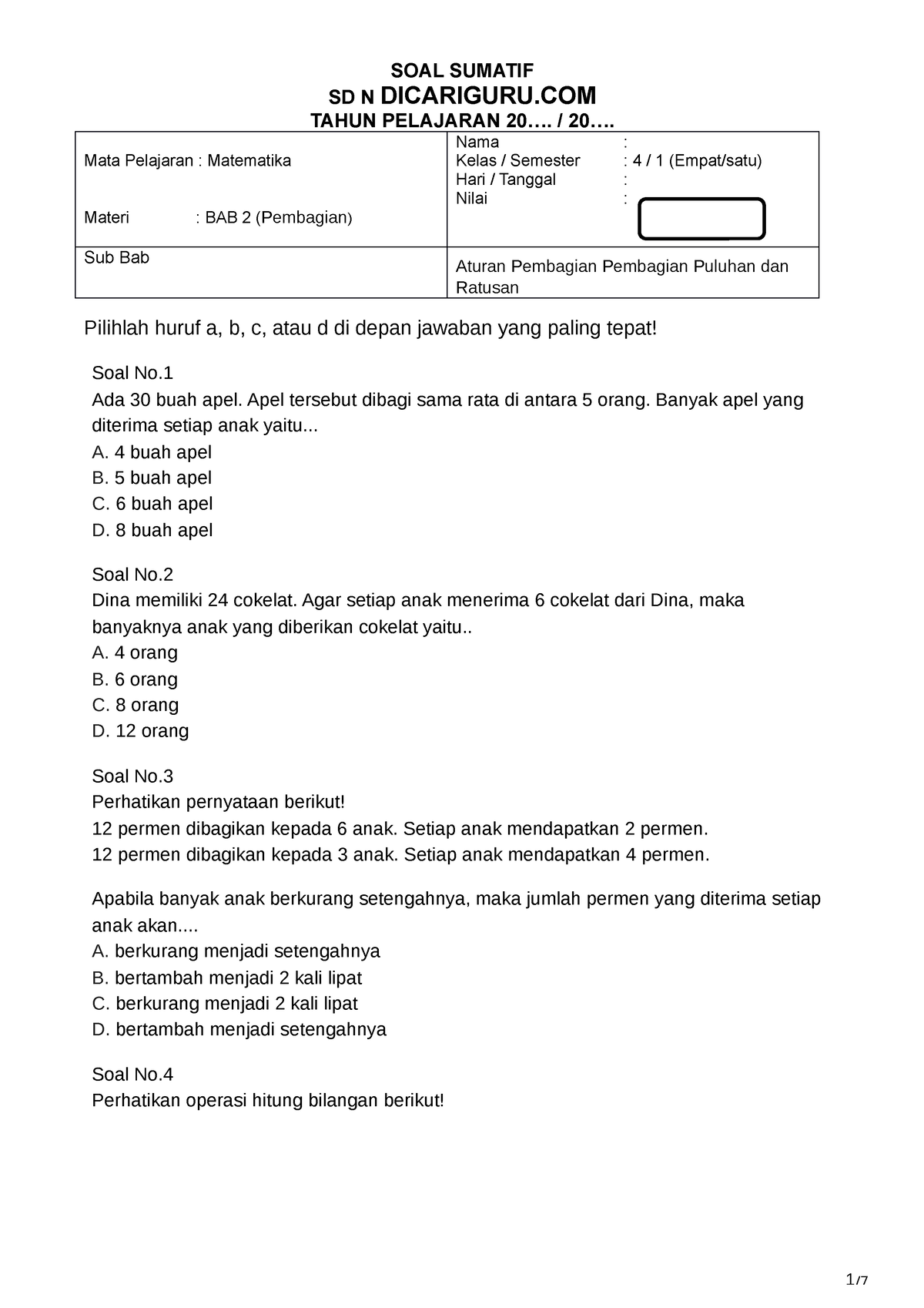 SOAL Sumatif MTK KLS 4 BAB 2 ( Dicariguru - SOAL SUMATIF SD N ...