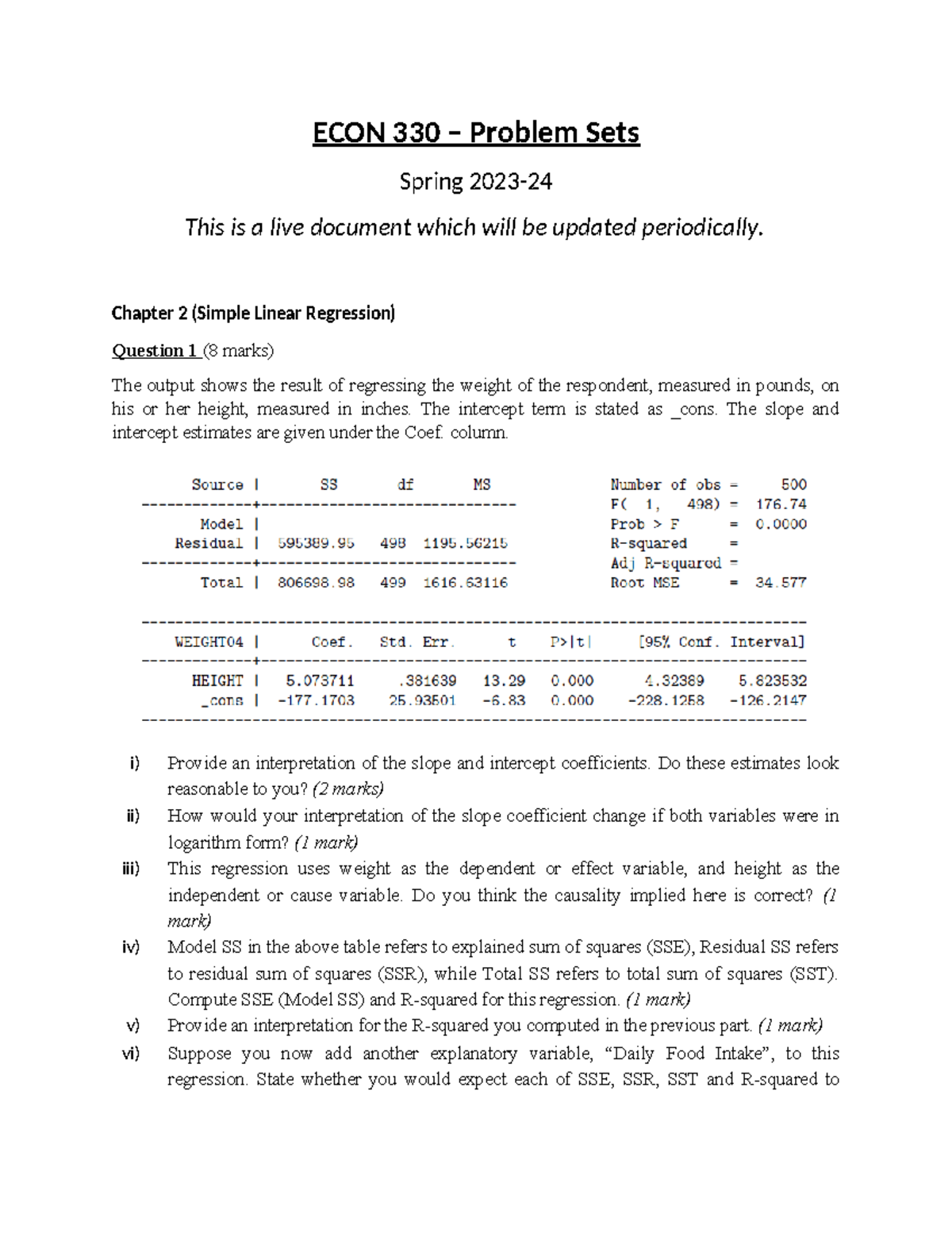 ECON 330 Problem Sets - ECON 330 – Problem Sets Spring 2023- This is a ...