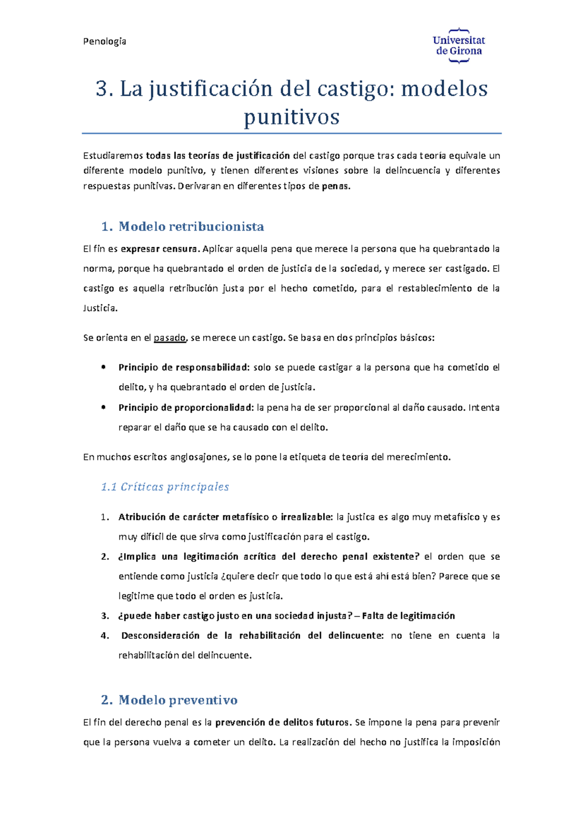 3. La justificación del castigo: modelos punitivos - Penologia 3. La  justificación del castigo: - Studocu