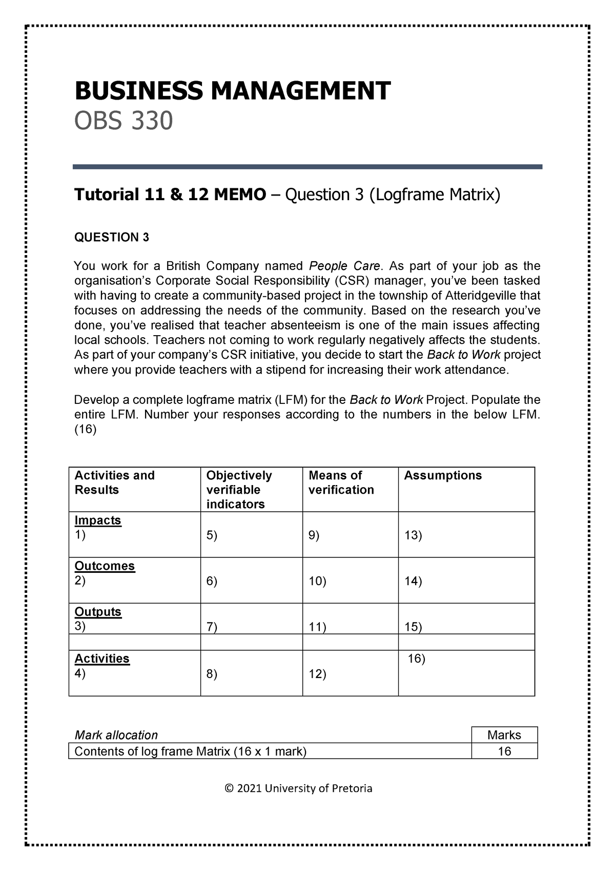 Block 11 & 12 Tutorial Memo - BUSINESS MANAGEMENT OBS 330 Tutorial 11 ...