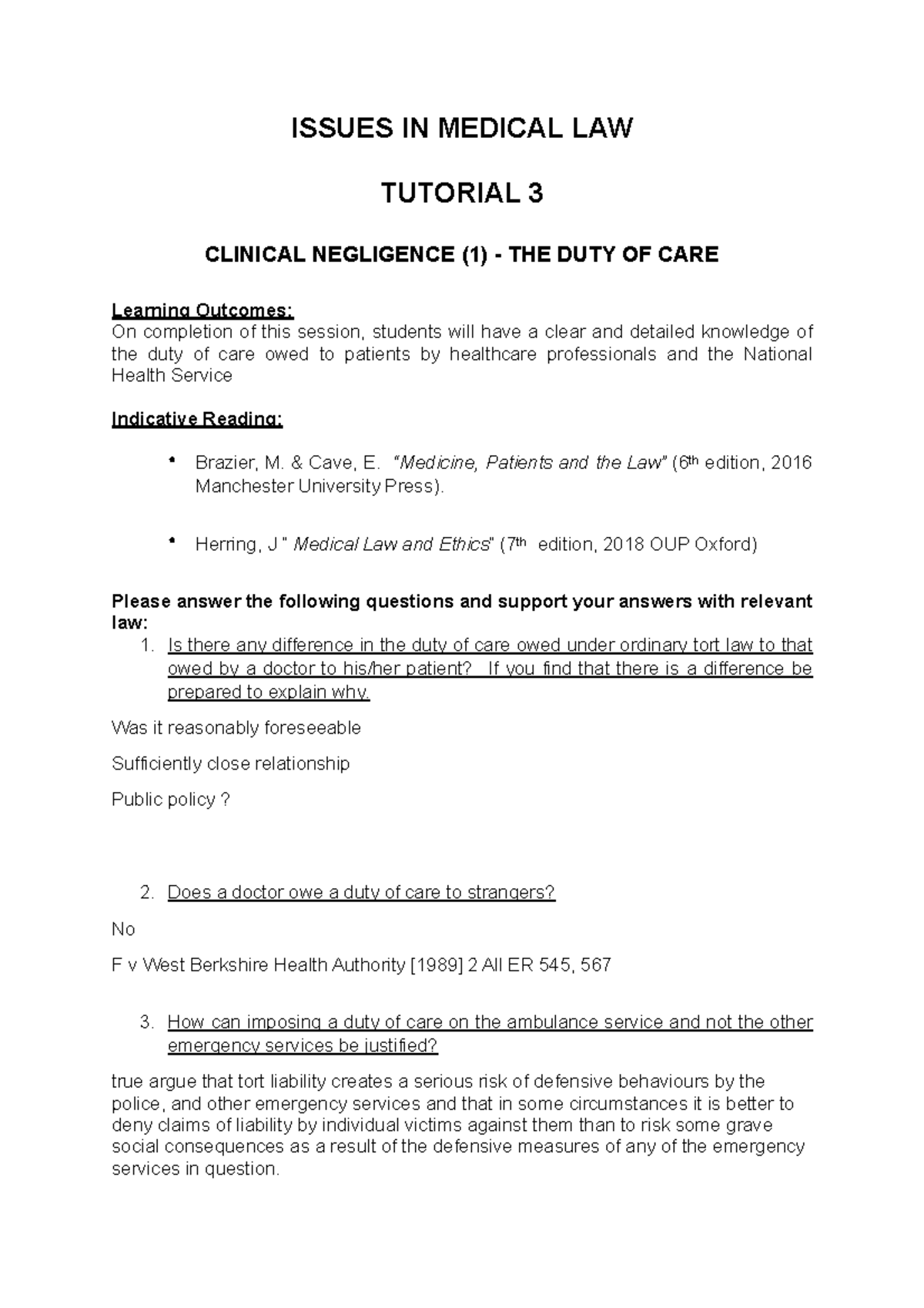 Tutorial 3 - ISSUES IN MEDICAL LAW TUTORIAL 3 CLINICAL NEGLIGENCE (1 ...
