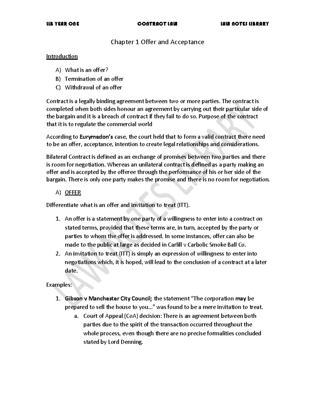 CLN 1.1 Offer - LLB YEAR ONE CONTRACT LAW LAW NOTES LIBRARY Chapter 1 ...