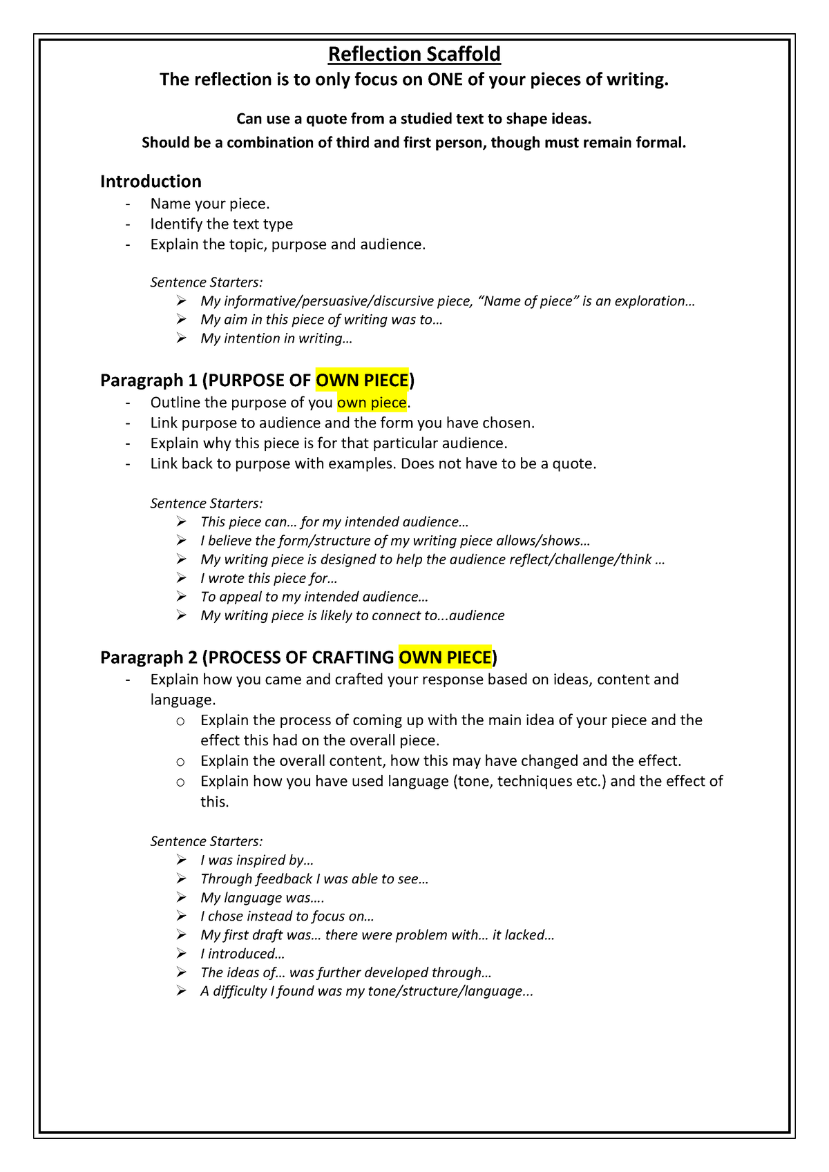 Reflection Scaffold- 2024 - Reflection Scaffold The reflection is to ...