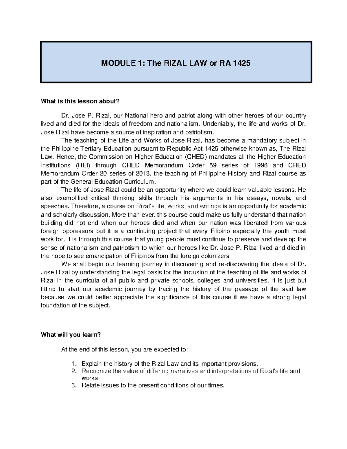 Module-1-RA-1425 Or Rizal Law - MODULE 1: The RIZAL LAW Or RA 1425 What ...