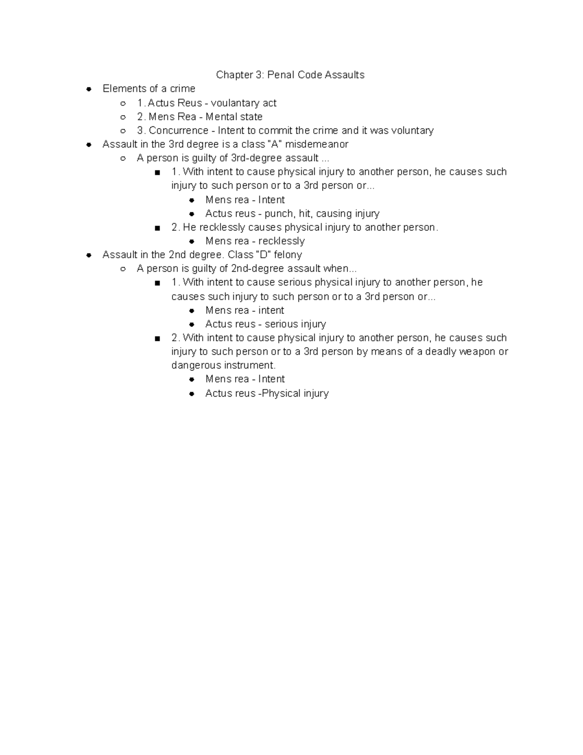 Chapter 3 Notes - Chapter 3: Penal Code Assaults Elements of a crime 1 ...