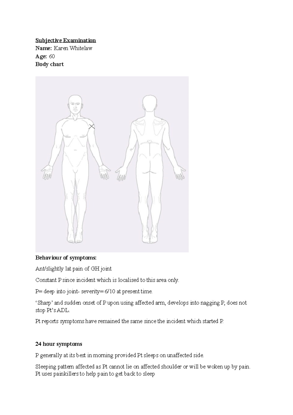 Subjective Examination - Subjective Examination Name: Karen Whitelaw ...