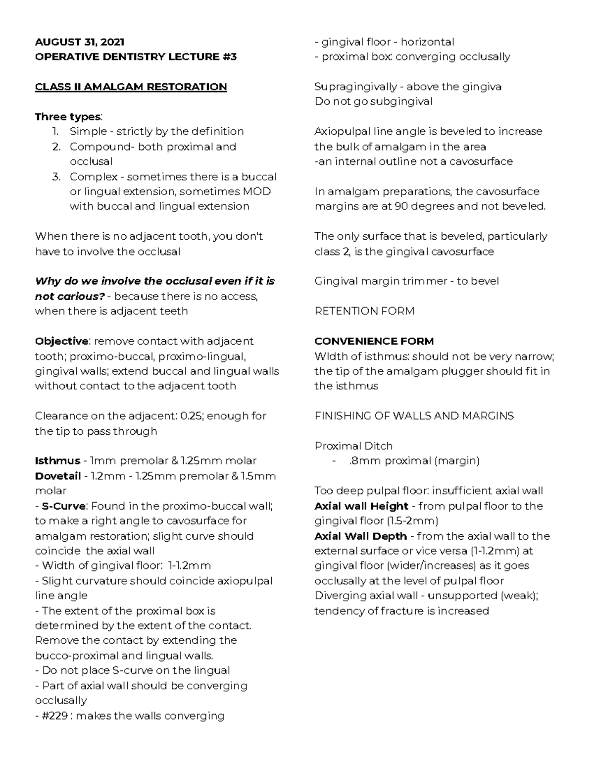 Class 2 Amalgam Resto SIDE Notes #3 - AUGUST 31, 2021 OPERATIVE ...