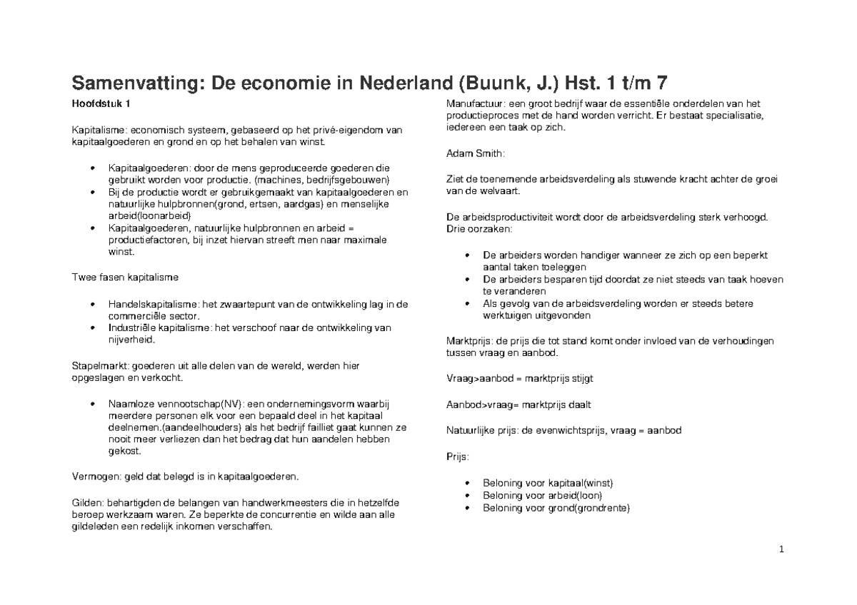 Samenvatting Economie in Nederland - Samenvatting: De economie in