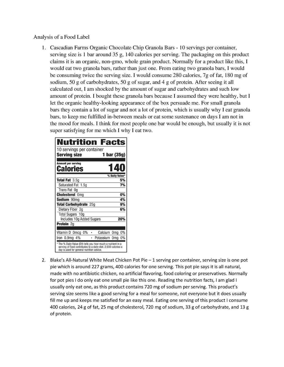 food label analysis assignment