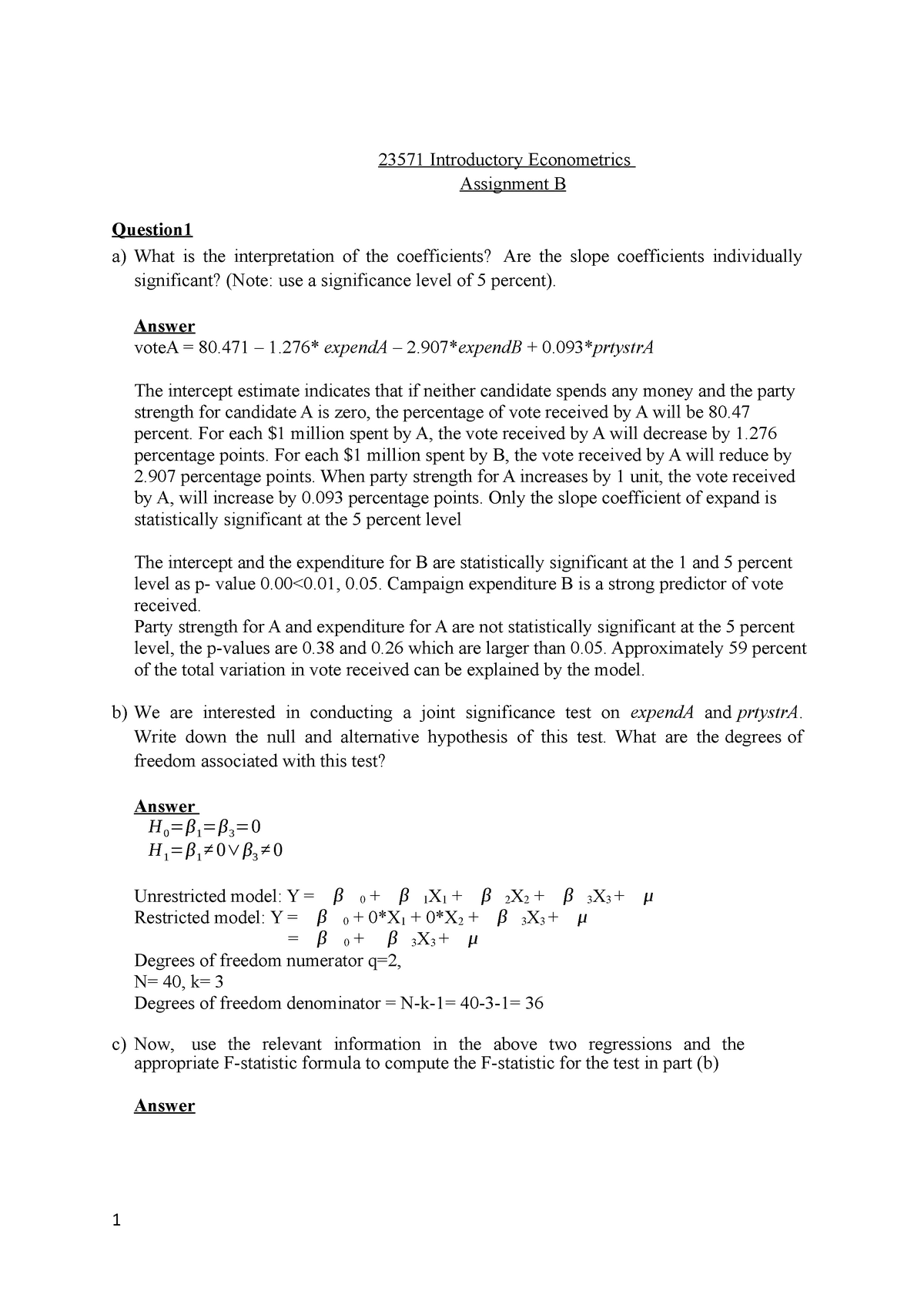 econometrics assignment example