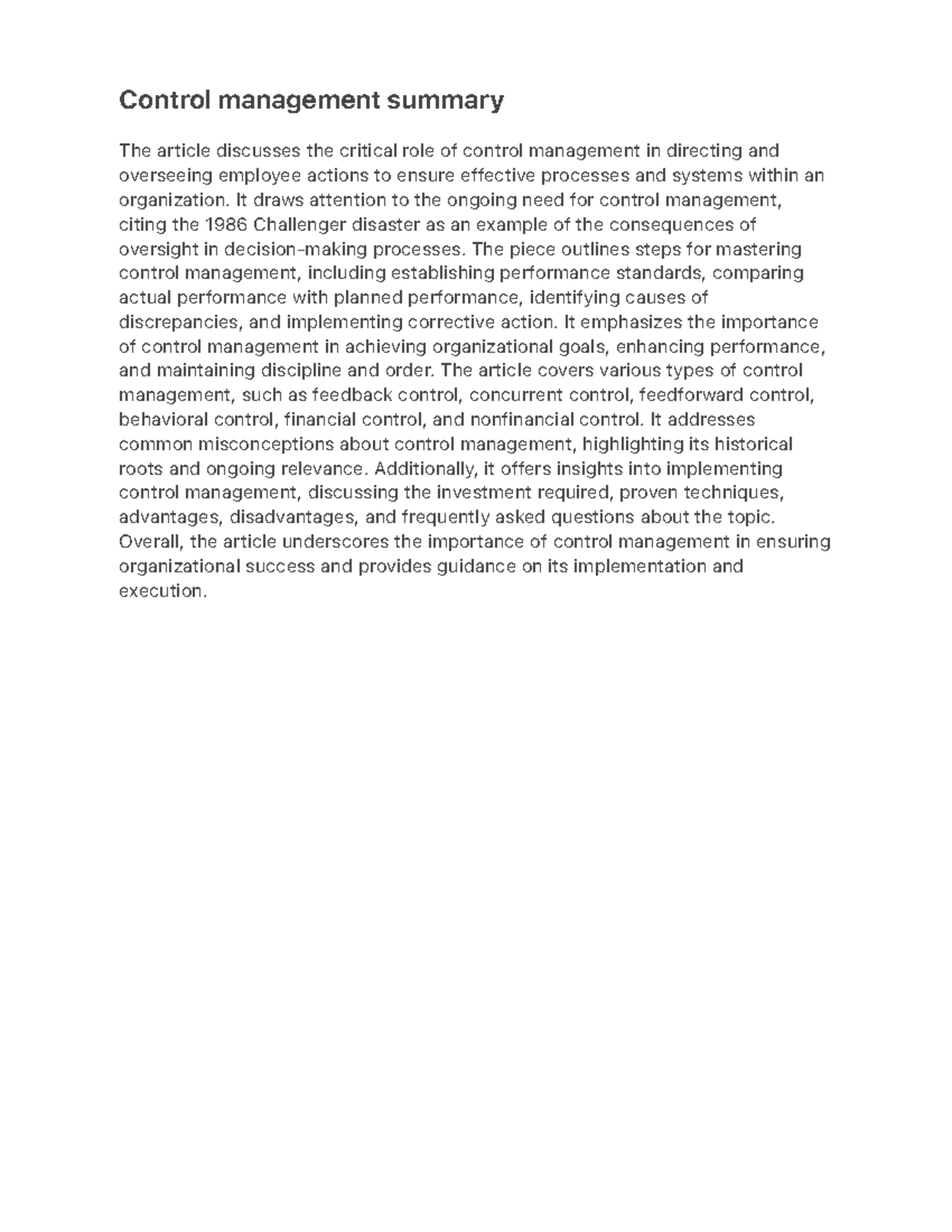 Control management summary - It draws attention to the ongoing need for ...