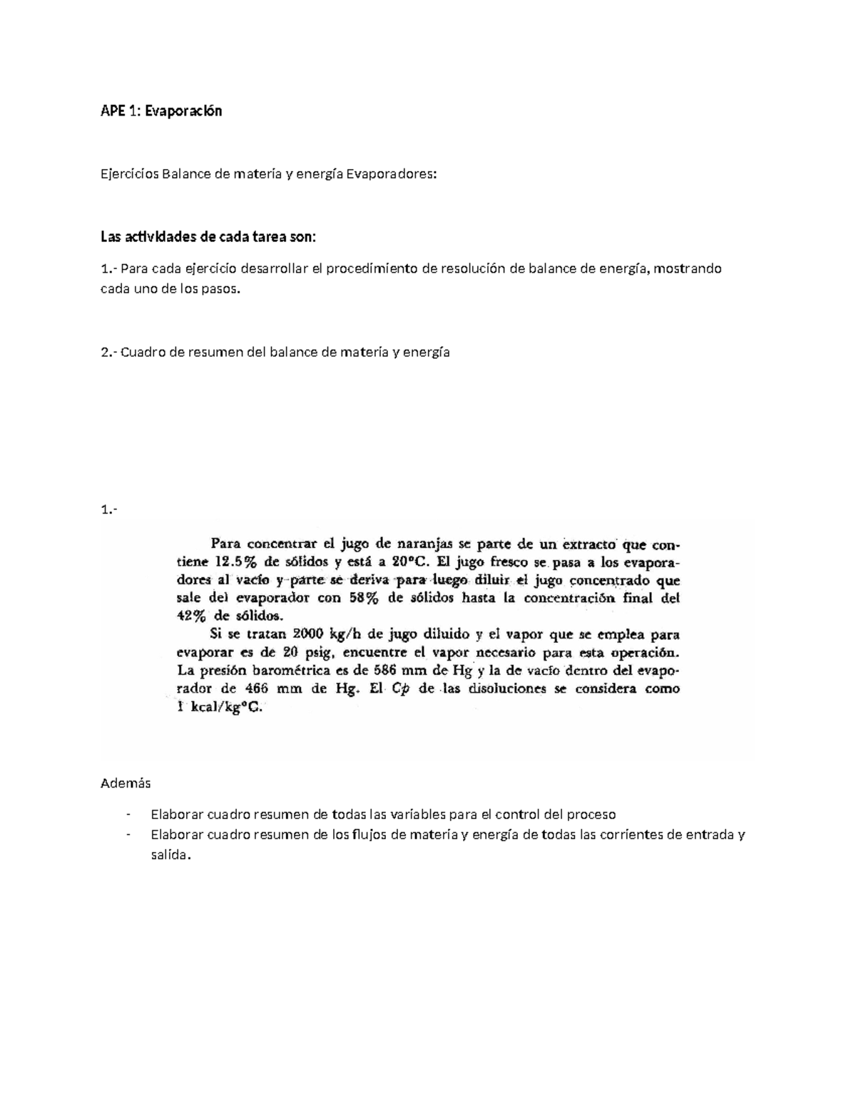 APE 1 Evaporación 23-24 2c - APE 1: Evaporación Ejercicios Balance de ...