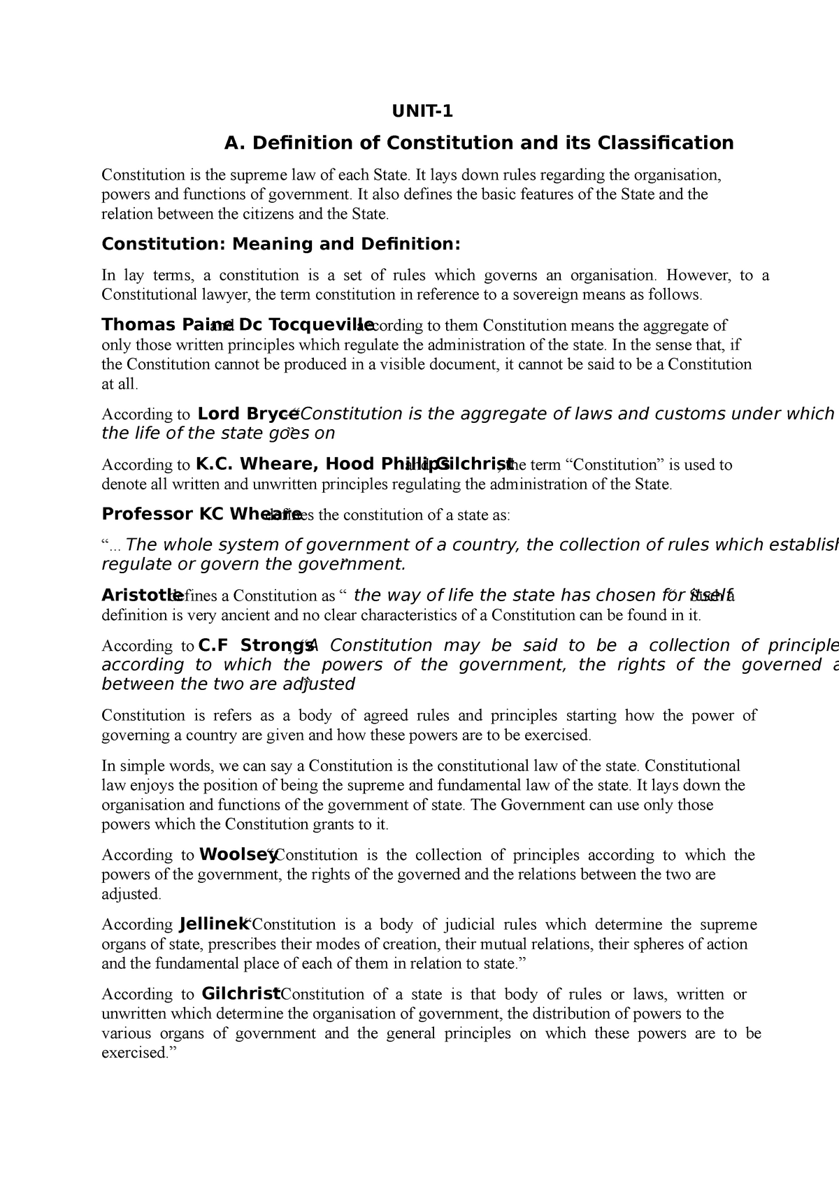 Constitutional Law II UNIT 1 - UNIT- A. Definition Of Constitution And ...