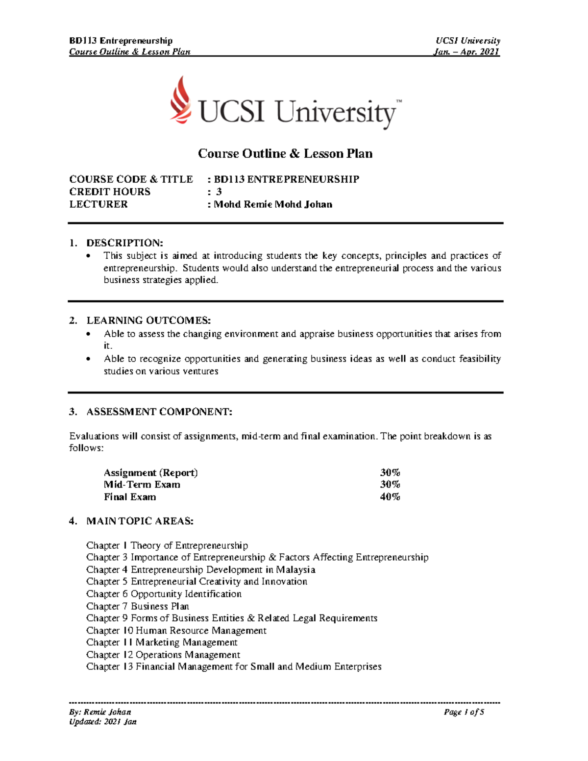 BD113 - 2021 Jan - Course Outline & Lesson Plan - Course Outline ...